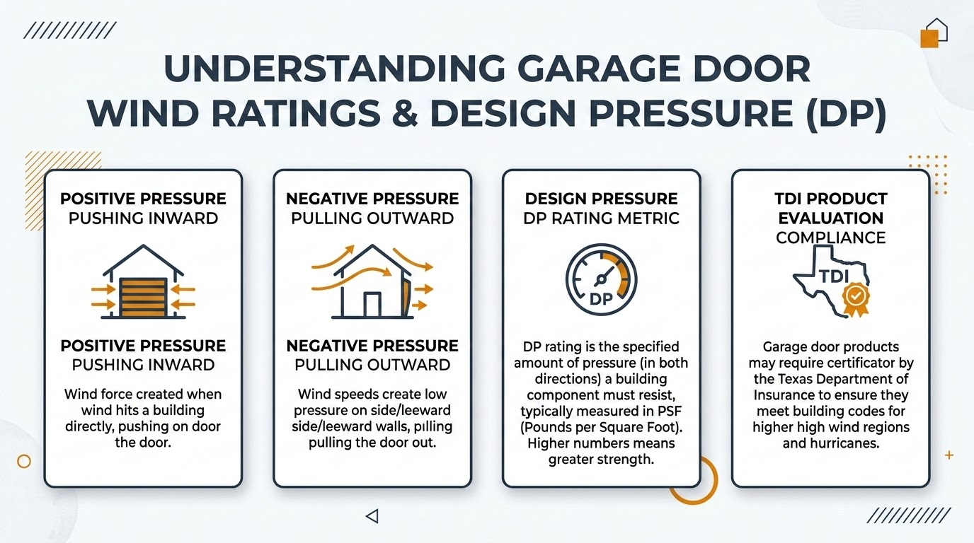 Diagram explaining wind ratings and design pressure for garage doors in Texas